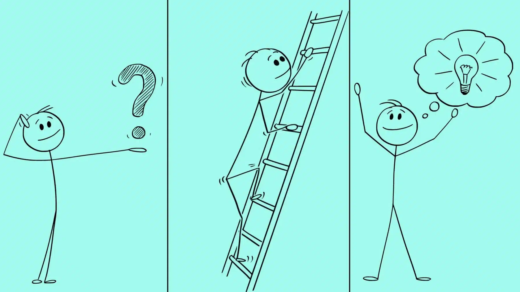 A series of stick figures asking questions, climbing a ladder, and having an idea
